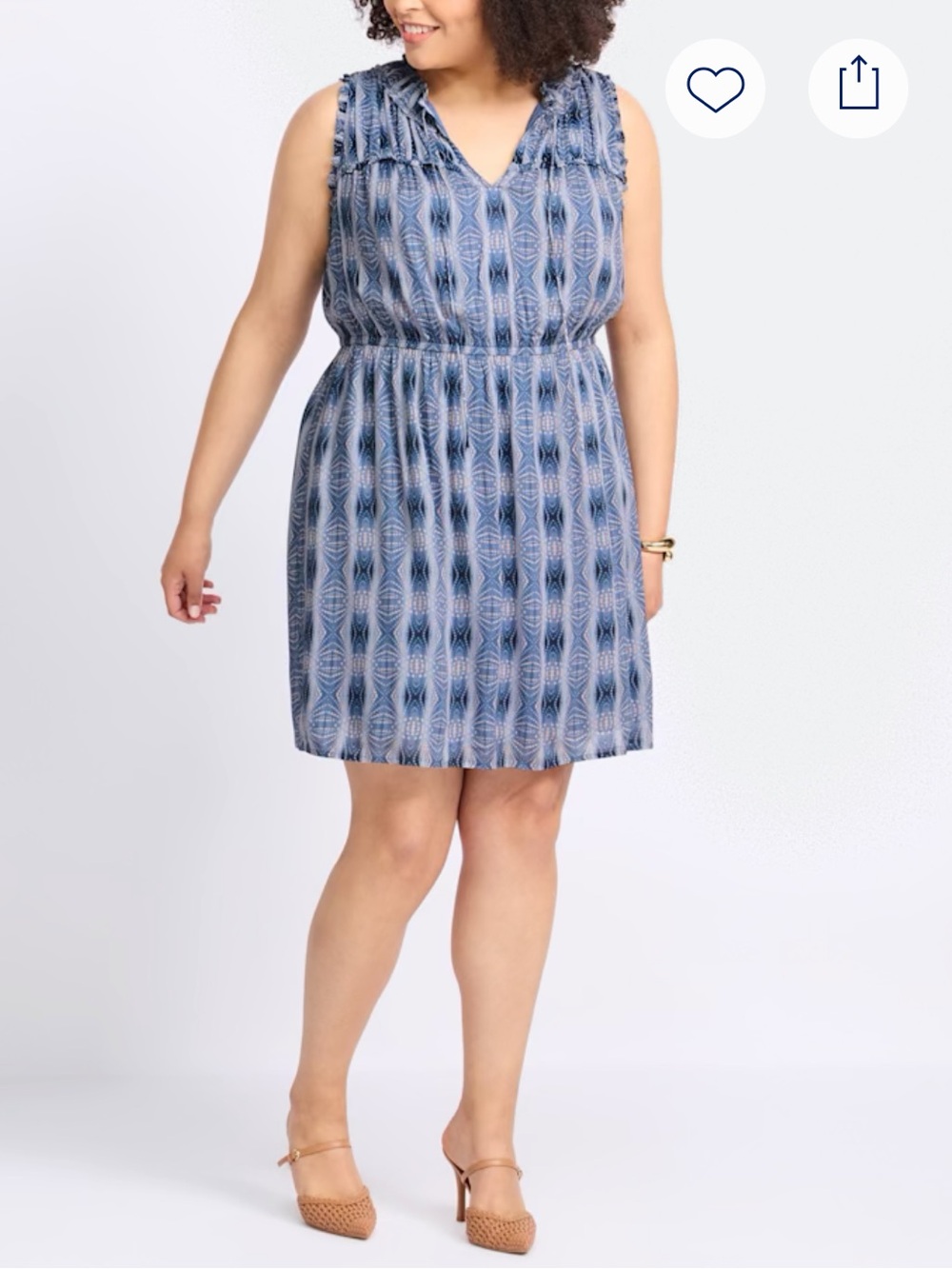 Les Serein Split-Neck Sleeveless A-Line Dress in Blue Pattern 2X